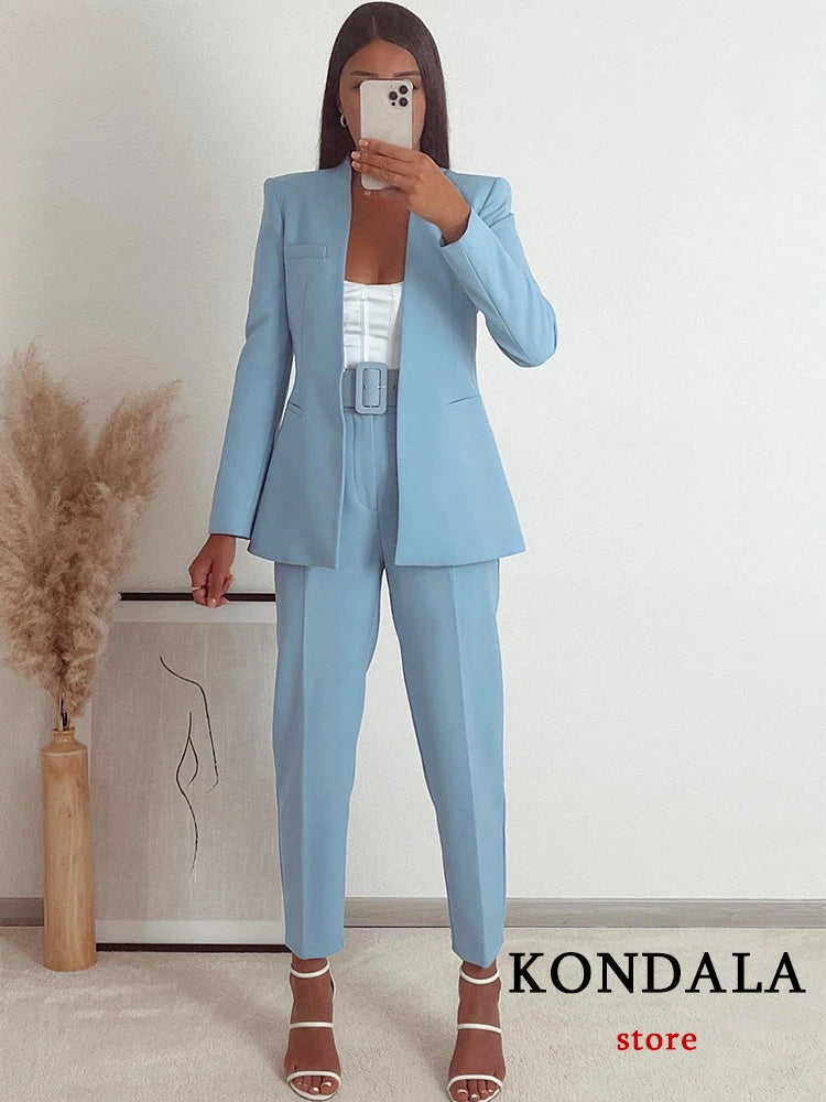 Light Blue Blazer Suit Set for Women with V Neck Loose Jacket and High Waist Sashed Pants, stylish autumn look by KONDALA.