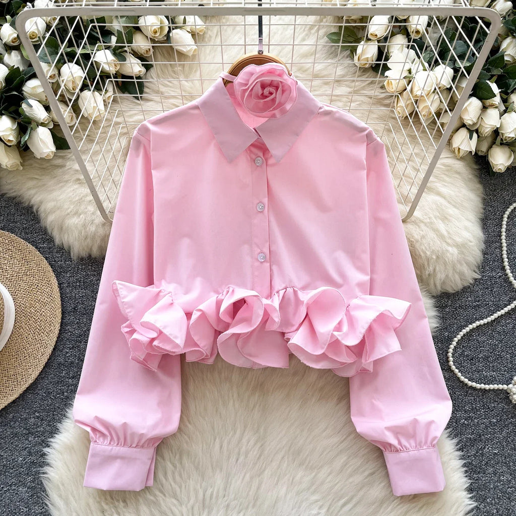 Stylish Women’s 3D Floral Long Sleeve Blouse Single Breasted Turn-Down Collar Slim Fit Solid Color Shirt for spring fashion.