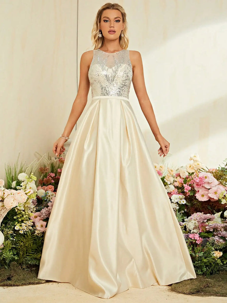 Sequin Patchwork Sleeveless Evening Gown With Deep V