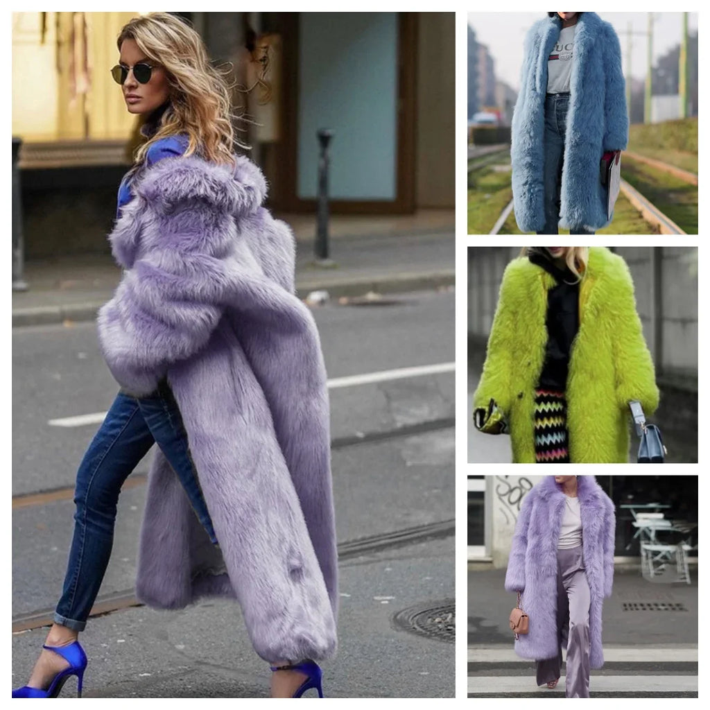 Women Thick Faux Fur Coat Colorblock Maxi Outerwear