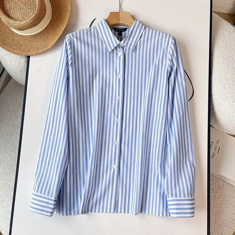 Women’s Blue Pure Linen Striped Shirt Comfortable Casual Commuting Top Spring Autumn Lightweight Blouse perfect for stylish wear.