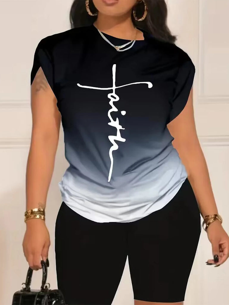 Women’s Casual Letter Print Gradient Loose Fit Round Neck Sports Shorts Set, stylish and comfortable for everyday wear.