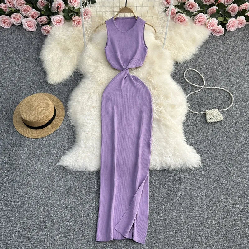 Knot Hollow Out Waist Knitted Bodycon Maxi Dress For Women