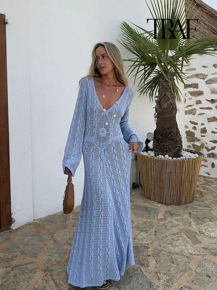 Blue Knit Beach Maxi Dress V Neck Long Sleeve Sheer