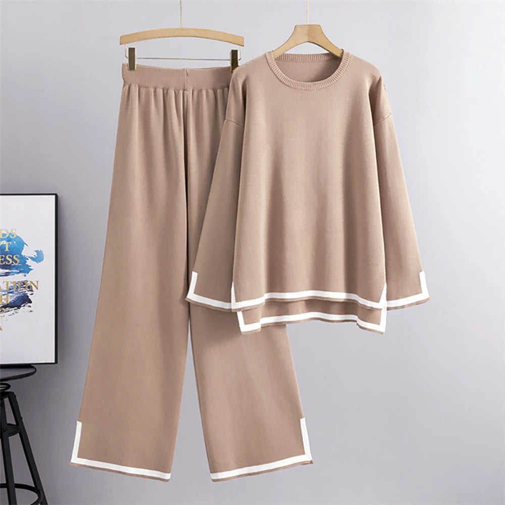 Elegant Two-Piece Women’s Set with O-Neck Side Slit Pullover Sweater and Wide Leg Pants Stretchy Autumn Office Lady Outfit