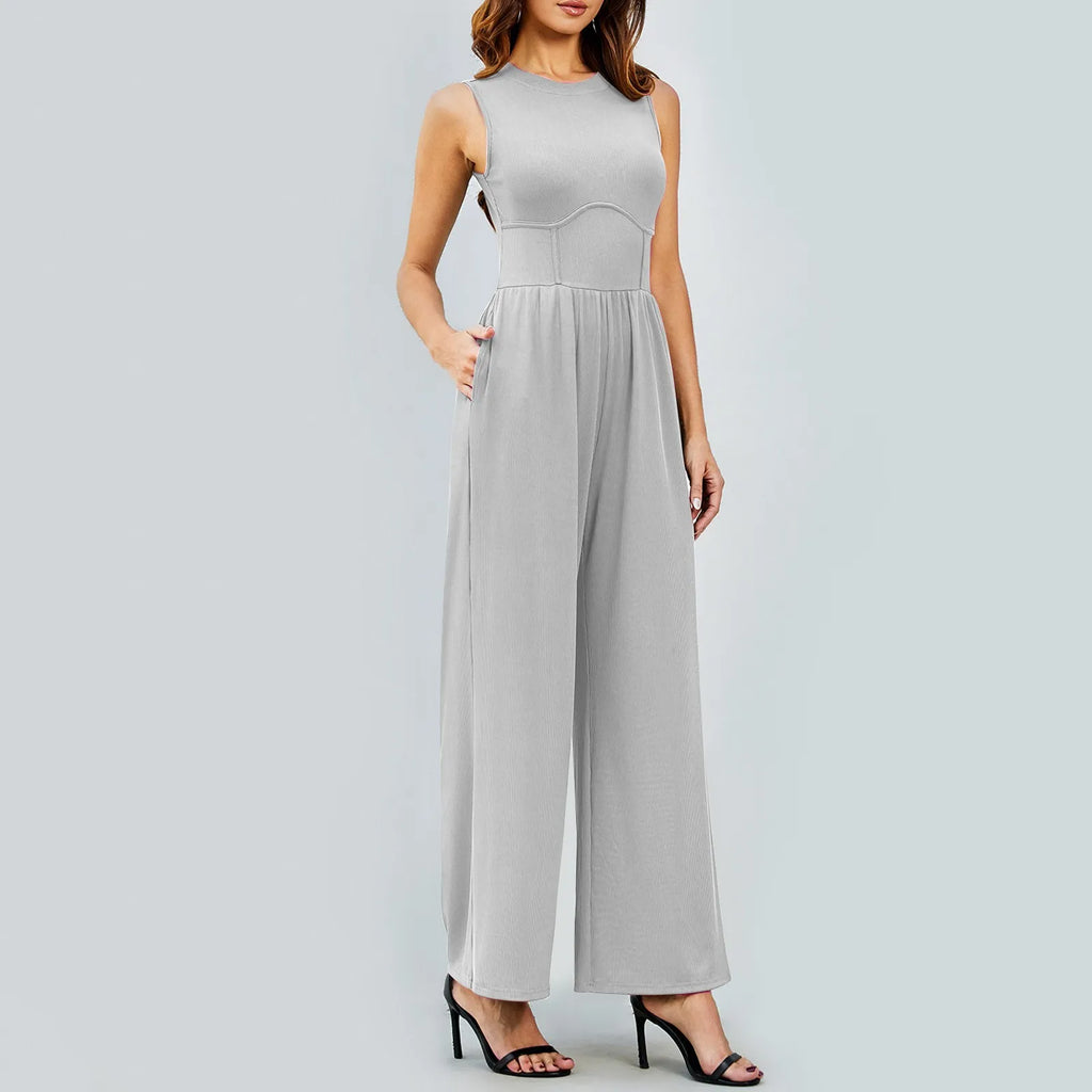 Stylish women sleeveless high neck ribbed tank top jumpsuit wide leg pants romper with tummy control for summer.