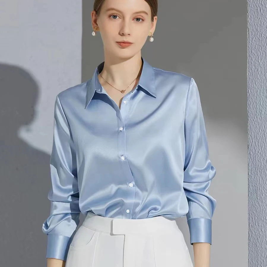 Satin Finish All-Match Blouse for Women Long Sleeve Casual Elegant Button Down Shirt in soft blue, perfect for office wear.