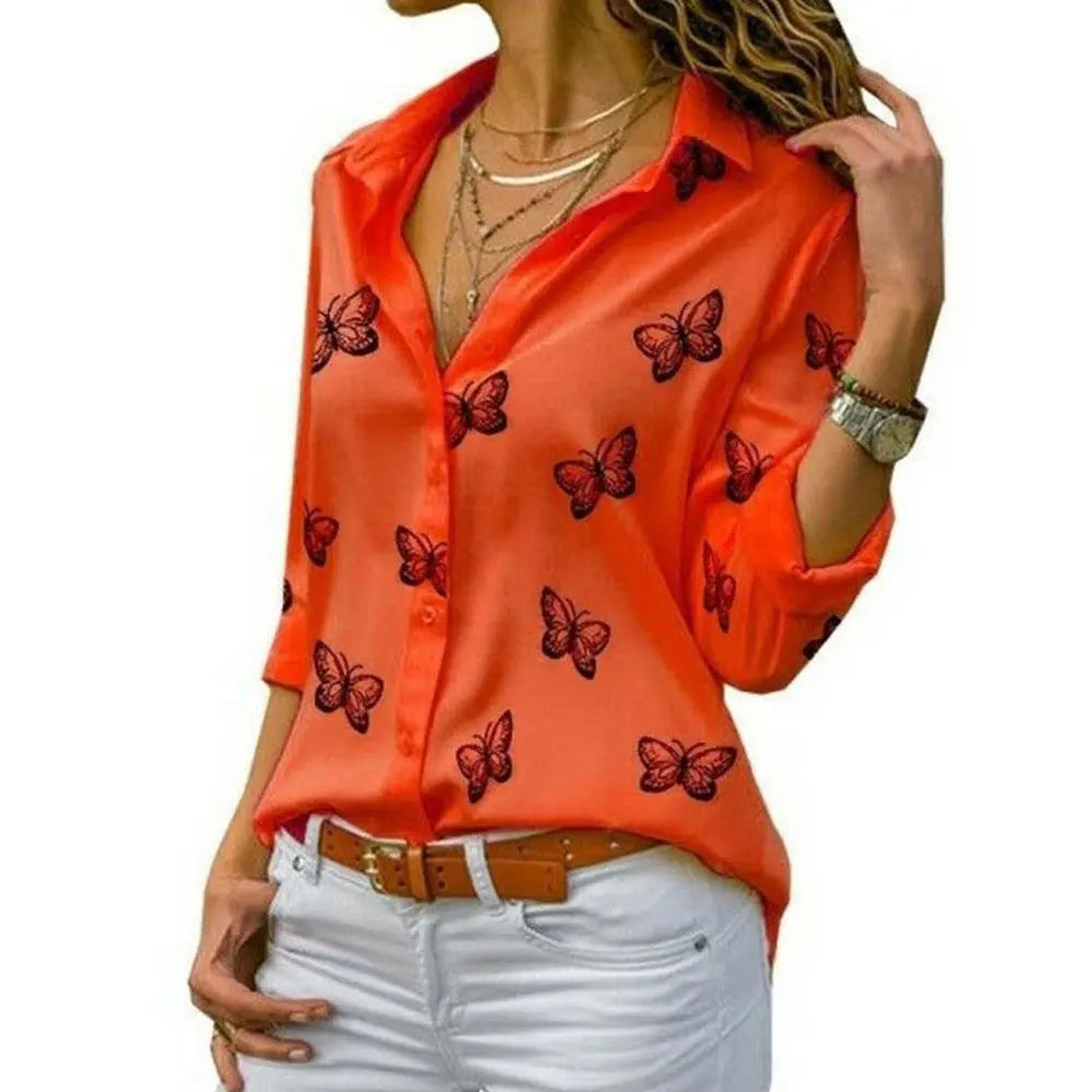 Stylish Elegant Women Butterfly Print Loose Fit Long Sleeve Blouse with Turn Down Collar, perfect for spring and autumn.