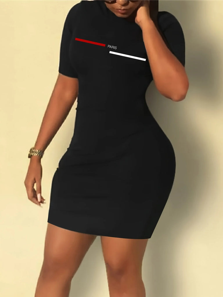 Paris Letter Print Slim Fit Tee Dress For Summer Women