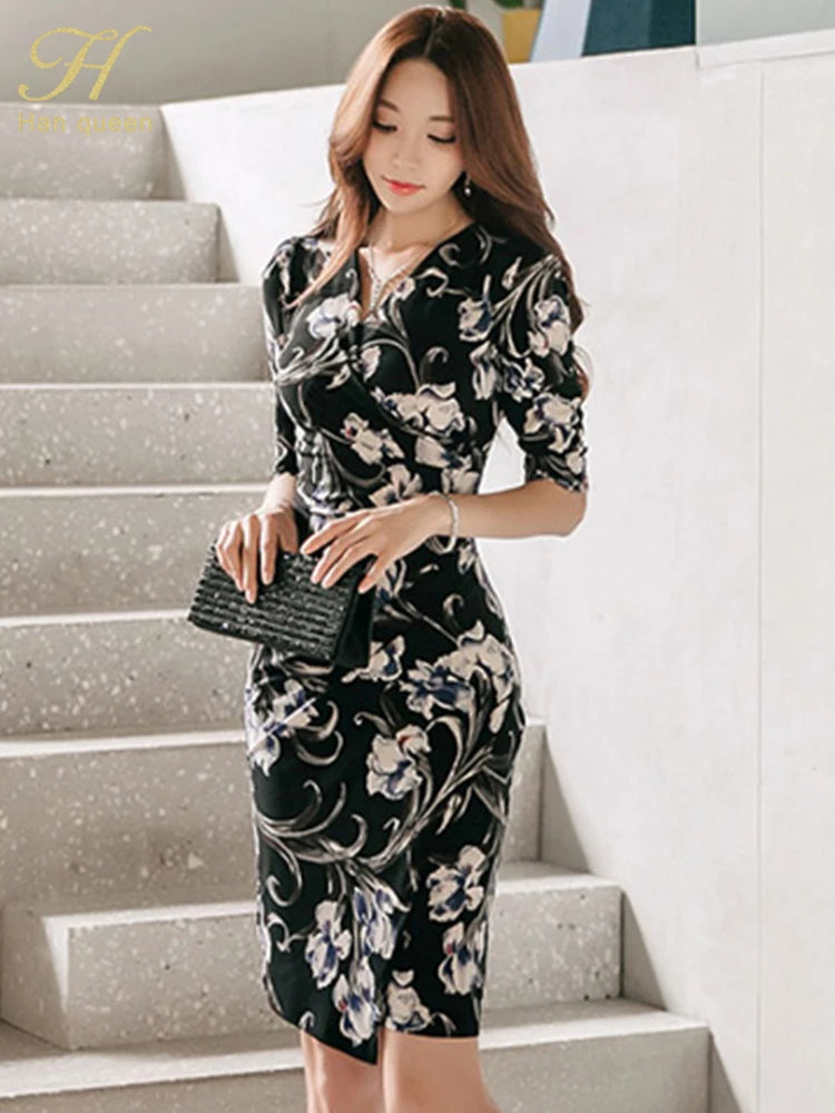 V-Neck Pencil Dress for Women Vintage Print Office Wear