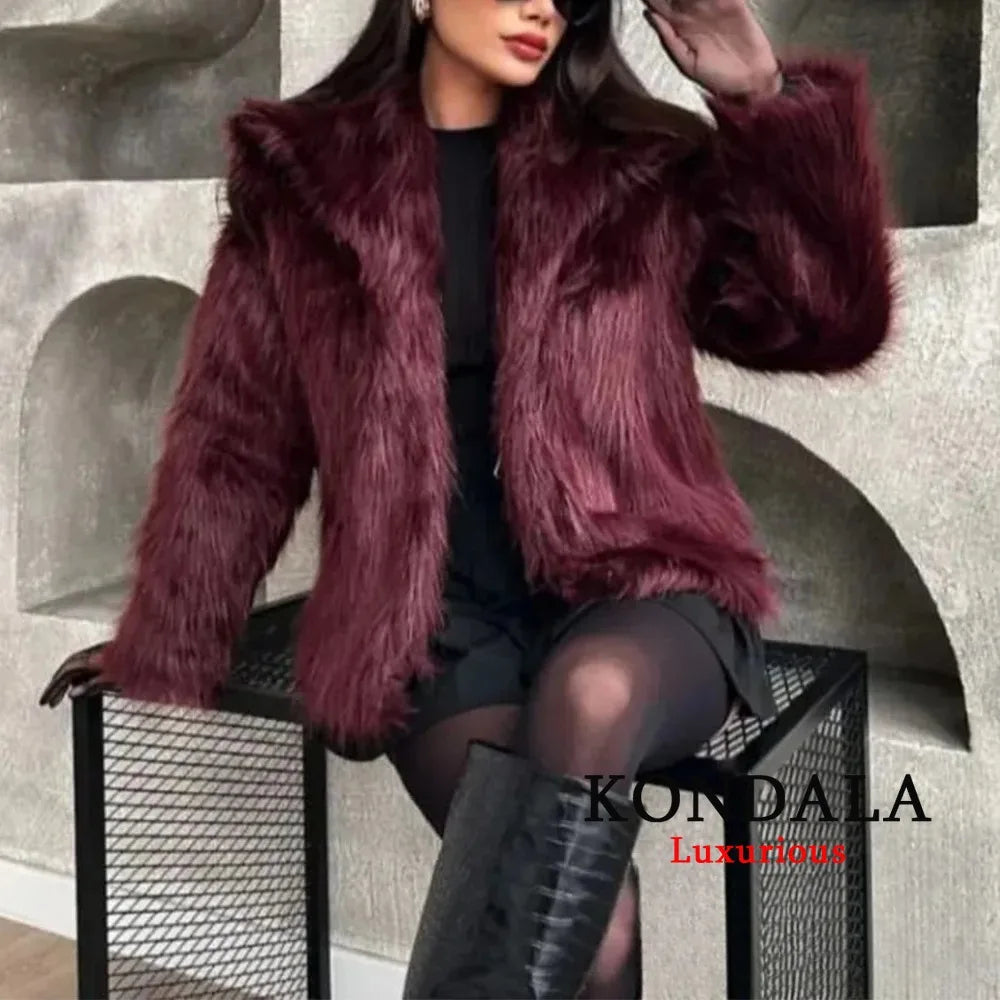 Claret Faux Fur Jacket For Women Warm Thick Cropped Coat