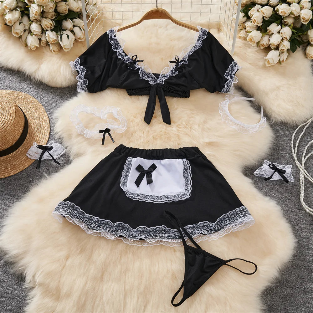 Sexy Maid Cosplay Uniform Lingerie Set with V-Neck Crop Top and Elastic Waist A-Line Mini Skirt Women's Intimate Costume
