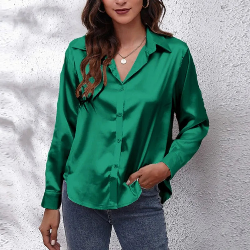 Women’s Loose Satin Blouse Button Up Shirt Long Sleeve Imitation Silk Spring Top in vibrant green, perfect for spring outfits.