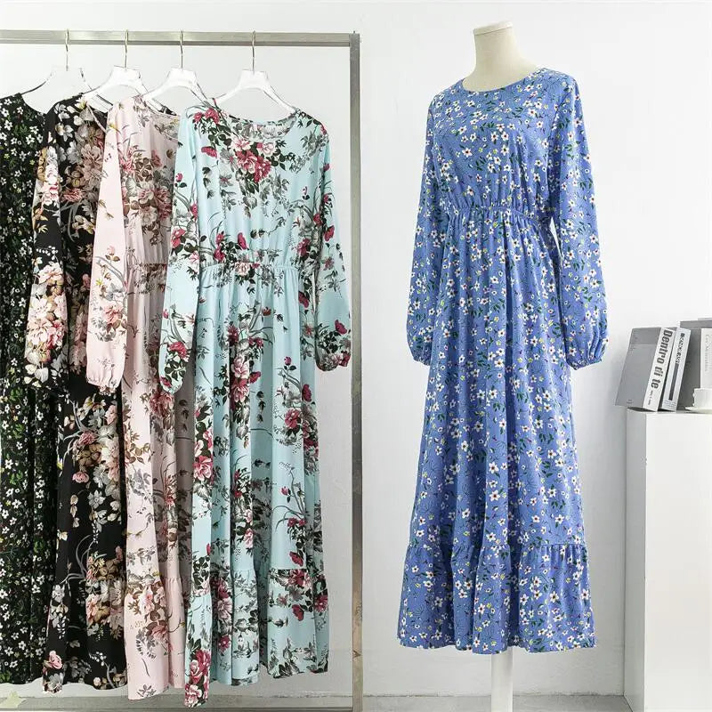 Floral Print Chiffon Maxi Dress With Long Sleeves Loose Fit