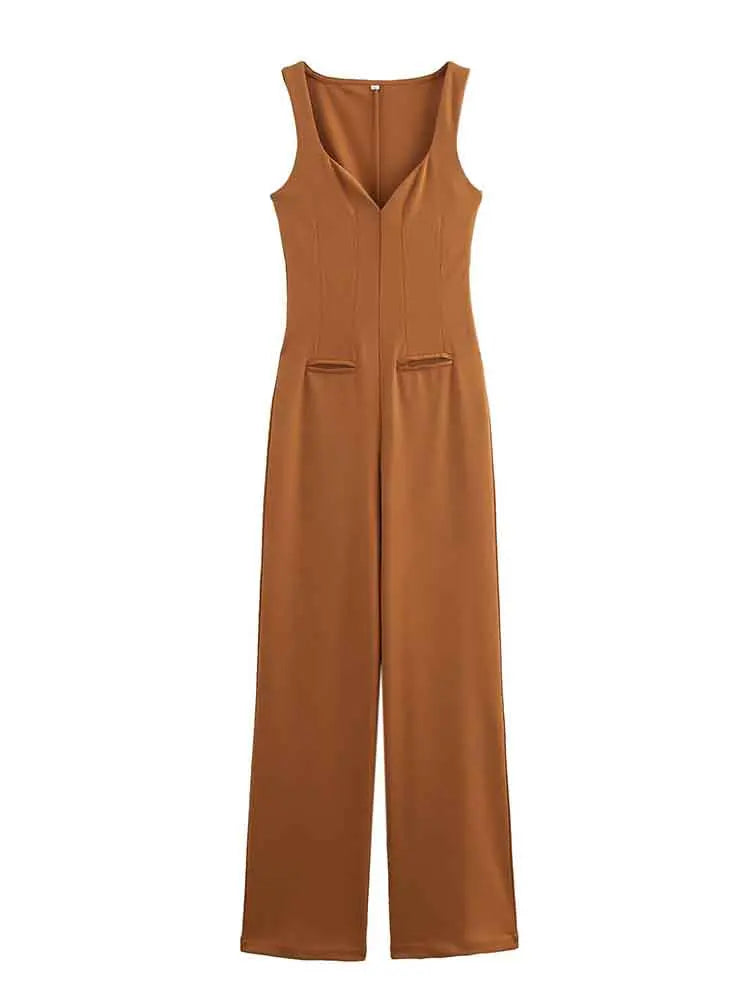 Stylish Women's Long Jumpsuit Comfortable Versatile Casual One-Piece Outfit with Simple Elegant Design for any occasion.
