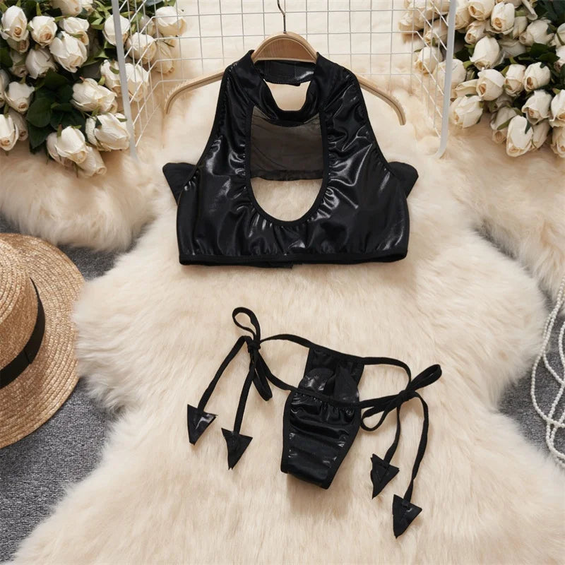 Sexy Vampire Cosplay Lingerie Set With Mesh Backless Crop Top Wings Thong