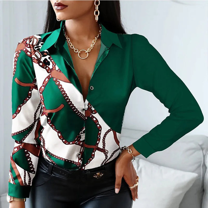 Stylish Office Lady Turn Down Collar Leopard Print Shirt with Striped Lapel Long Sleeve Blouse for vintage fashion.