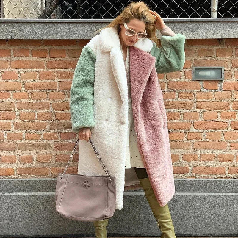 Patchwork Faux Fur Coat For Women Mid Length Plus Size