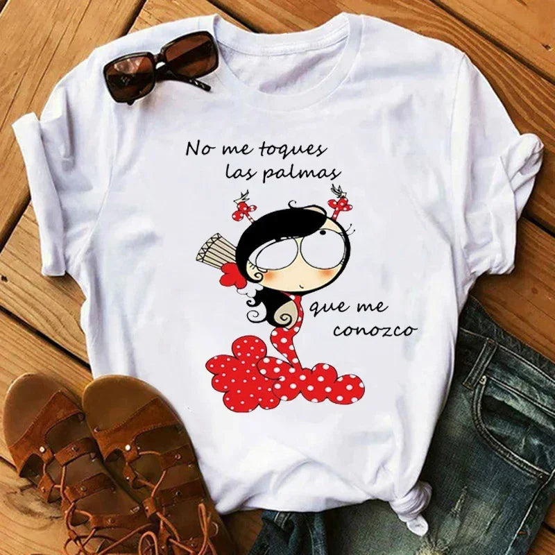 Women Cartoon Flamingo Dance Printed O-Neck T-Shirt Cute Casual Top for Daily Wear
