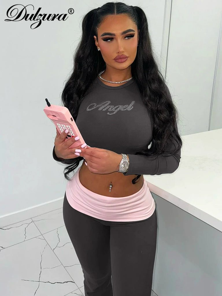 Women’s Sexy Casual Two-Piece Set Long Sleeve Letter Print Bodycon Crop Top and Flare Pants Matching Streetwear Outfit