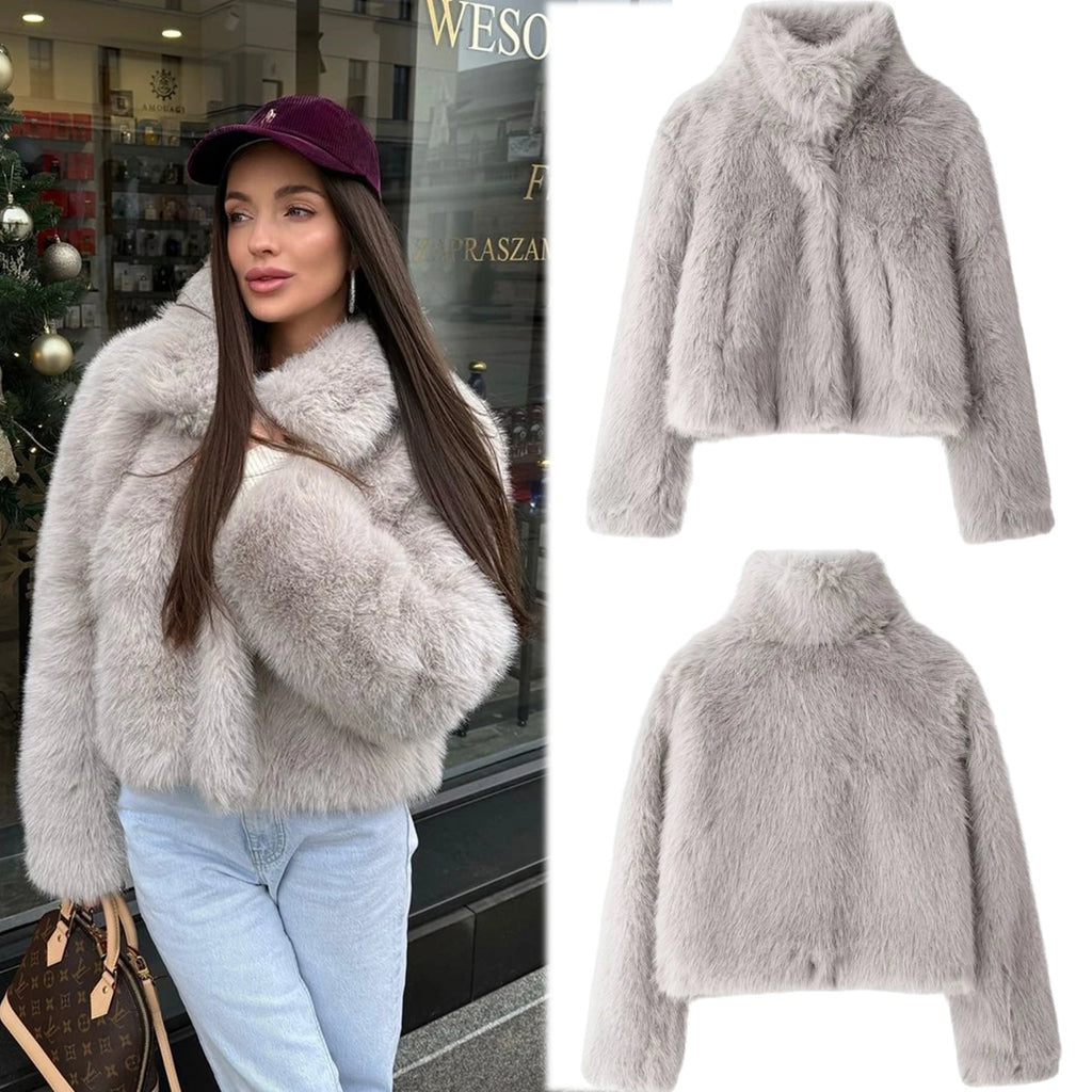 Women Faux Fur Collar Coat Short Winter Jacket Solid Color