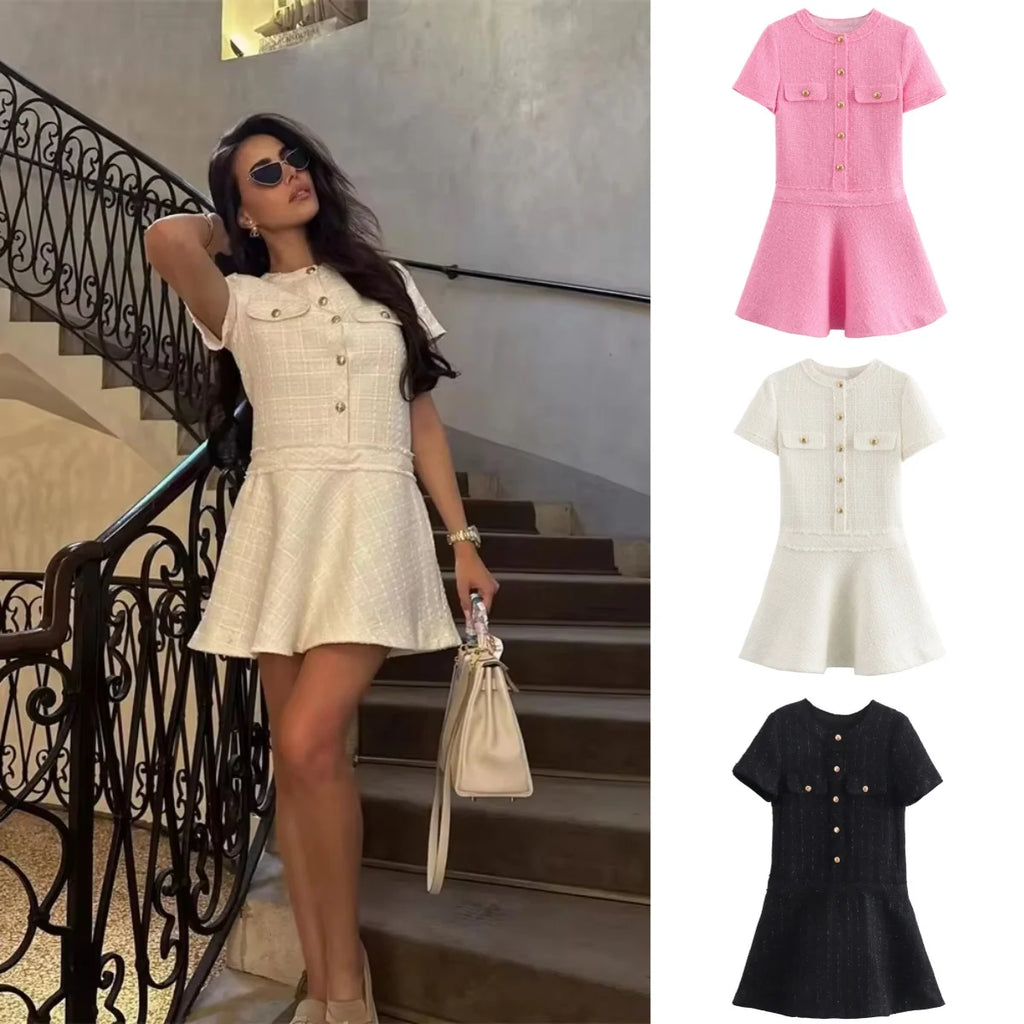 Women Textured Mini Dress Summer Round Neck Short Sleeve