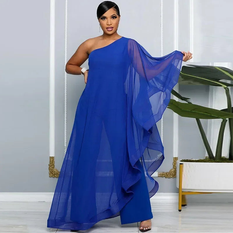 Stylish Elegant Chiffon One Shoulder Wide Leg Jumpsuit for Women, perfect for evening parties and birthdays.