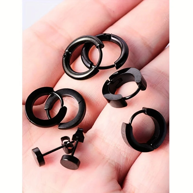 Stylish Men's Earring Set - 4 Pairs of Black Stainless Steel Studs and Hoops, Durable and Allergy-Free for any occasion.