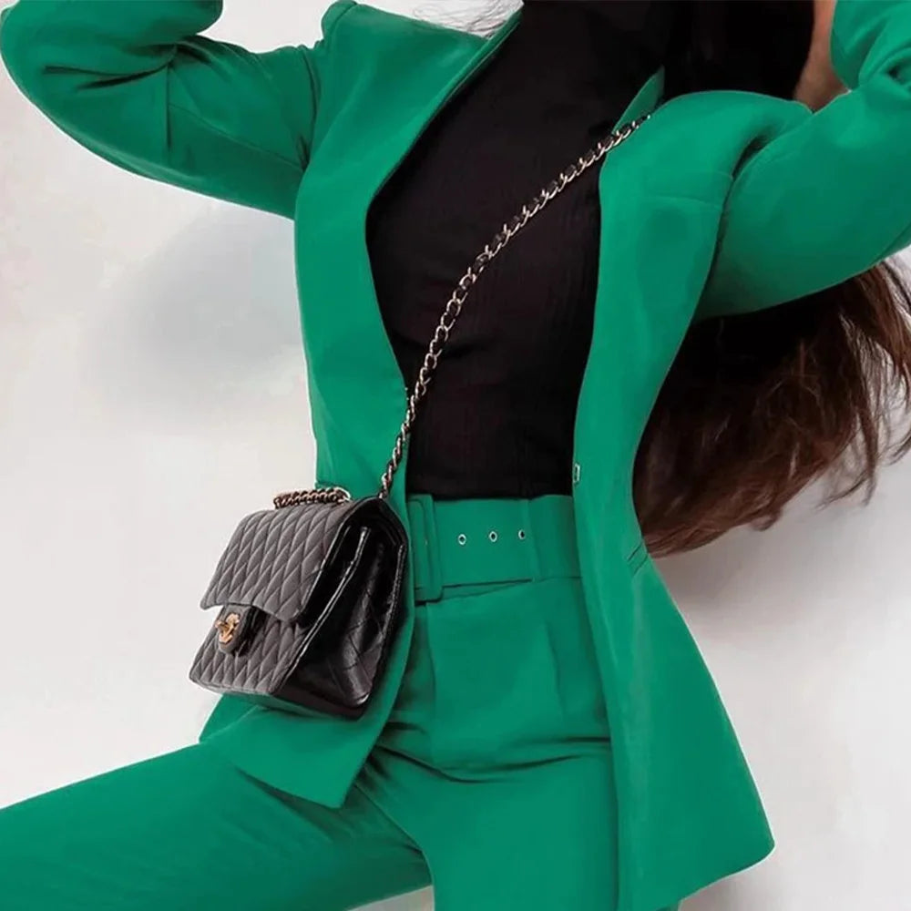 Stylish model showcasing the Fashionable Women's Slimming Multi Color Suit Set for Versatile Autumn Style.