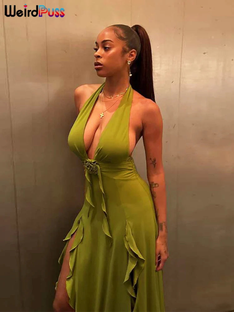 Backless Halter Maxi Bodycon Dress With Tassels And Ruched