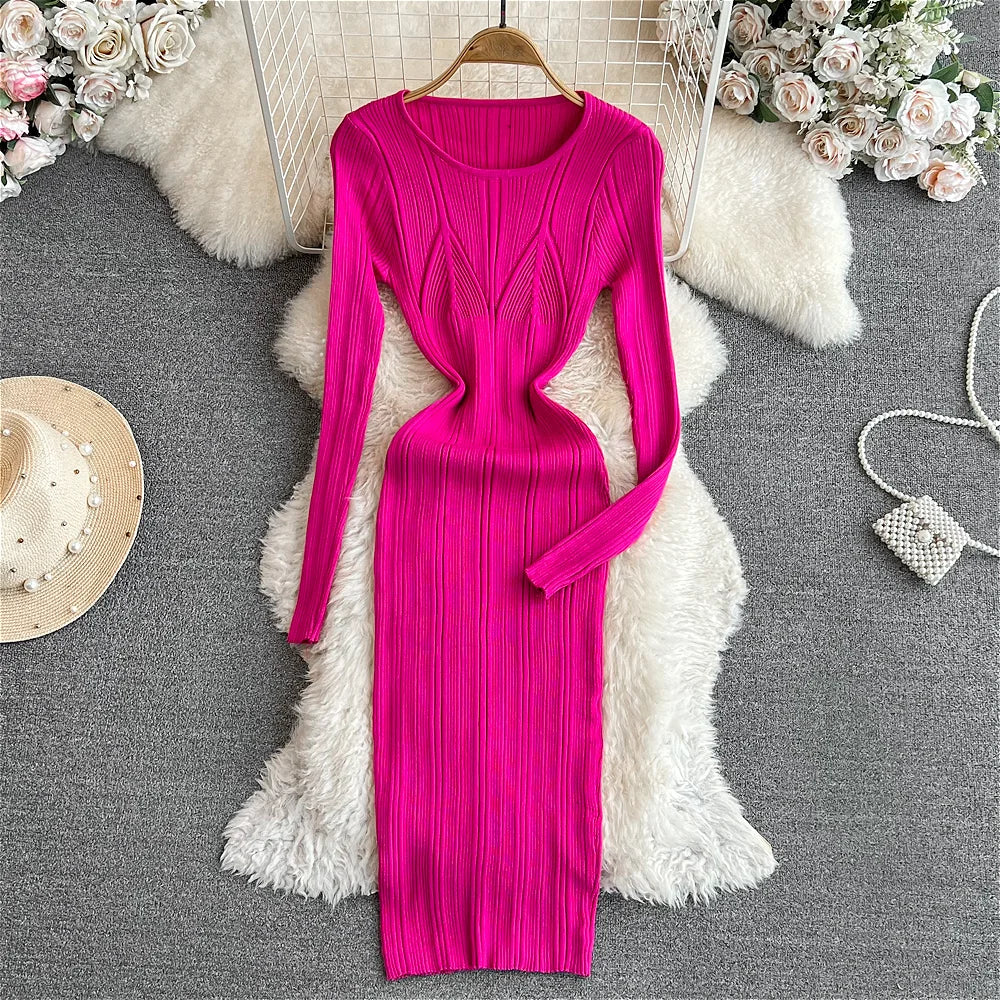 Long Sleeve Knitted Bodycon Dress For Women Autumn Retro