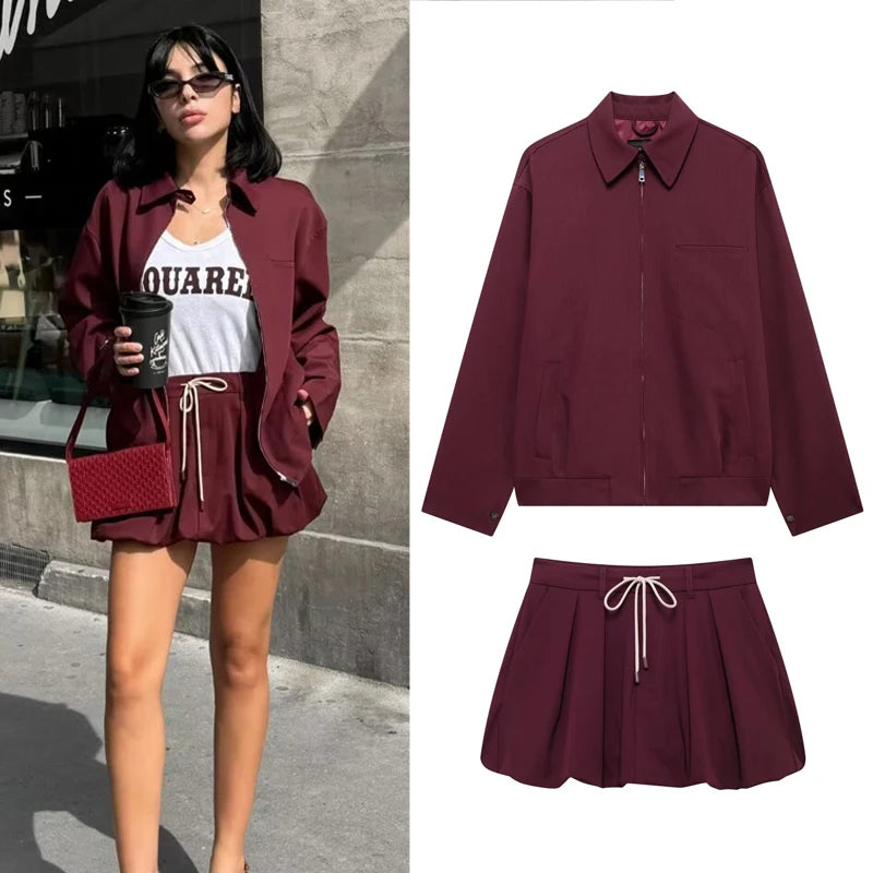 Women’s Burgundy Skirt and Long Sleeve Jacket Set Elegant Mini Bow Lantern Sleeve Suit Autumn Outfit Stylish Two-Piece Matching Set