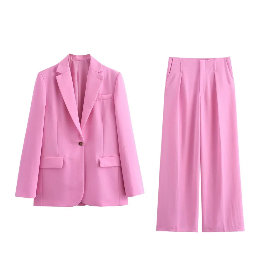 Casual Women’s Fashion Flip Collar Straight Cut Suit Coat and Strap Detail Pants Set for Effortless Chic and Comfort in pink.