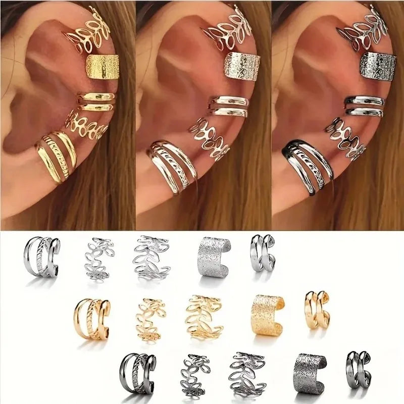 Hollow Leaf Design Clip On Earrings Set of 5 or 15 Zinc Alloy Jewelry for Women, stylish and comfortable accessories.