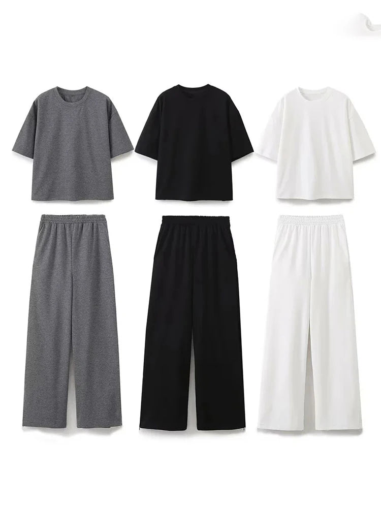 Women Casual Short Sleeve T Shirt And Pants Set With O Neck Top And Lace Up Side Pockets