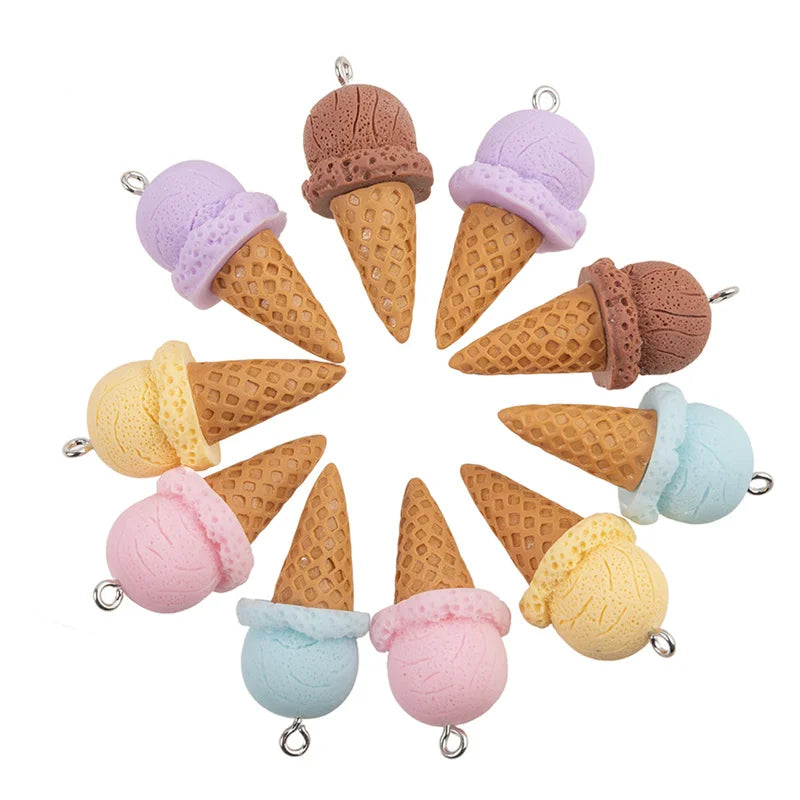 Colorful 10Pcs Cute 3D Ice Cream Resin Charms for DIY Jewelry and Craft Accessories 38mm x 15mm, perfect for creative projects.