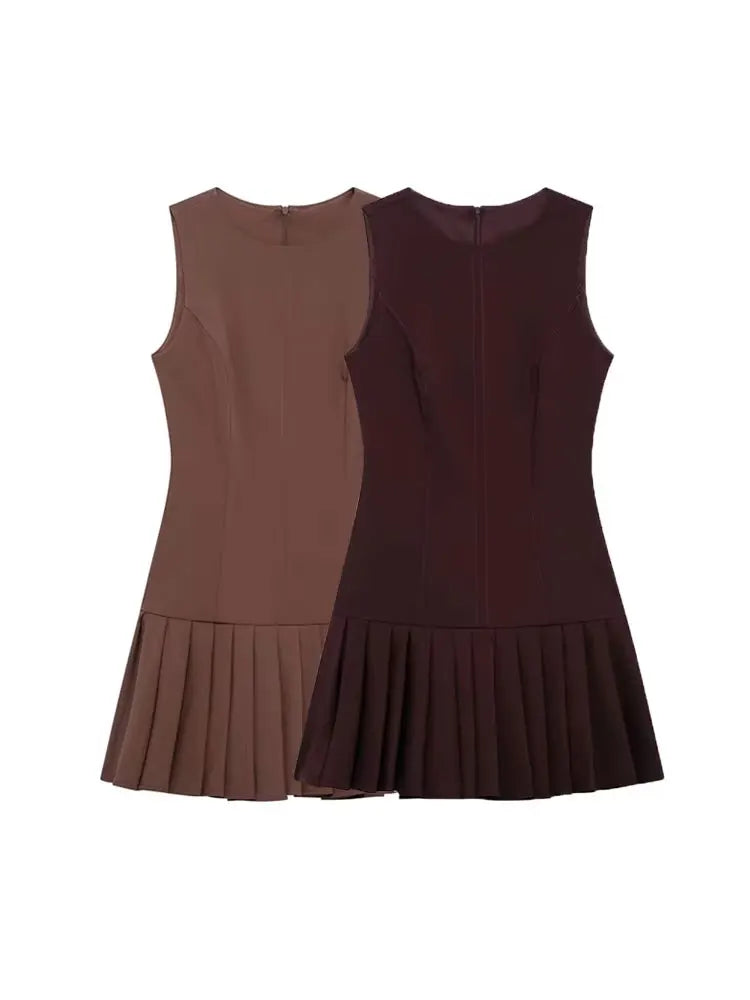 Womens Sleeveless Pleated Mini Dress O Neck Back Zip