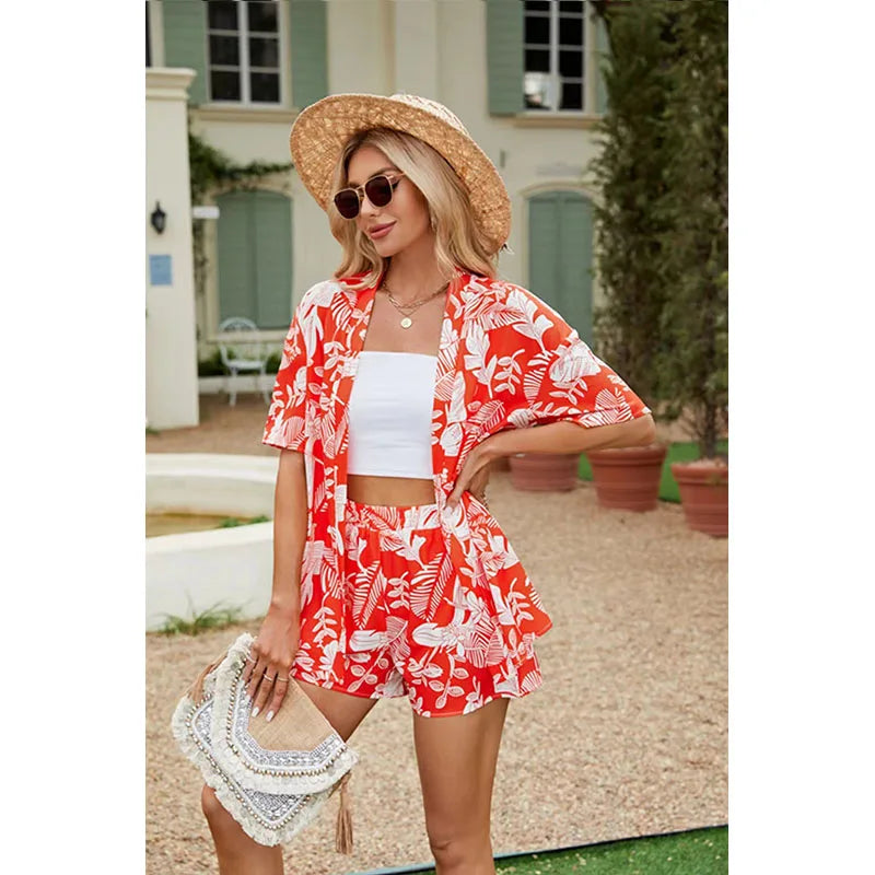 Stylish Women's Casual Two Piece Set with Printed Short Sleeve Shirt and Matching Shorts Summer Lounge Outfit for 2024.