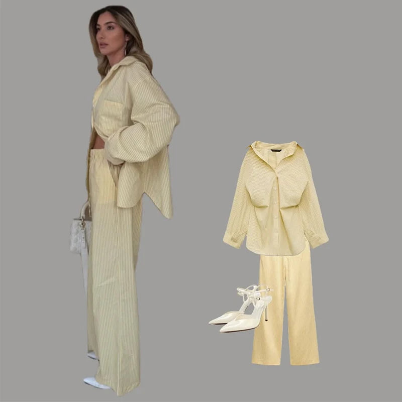 Women's Striped Long Sleeve Shirt and High Waist Pants Set For Everyday Office Wear