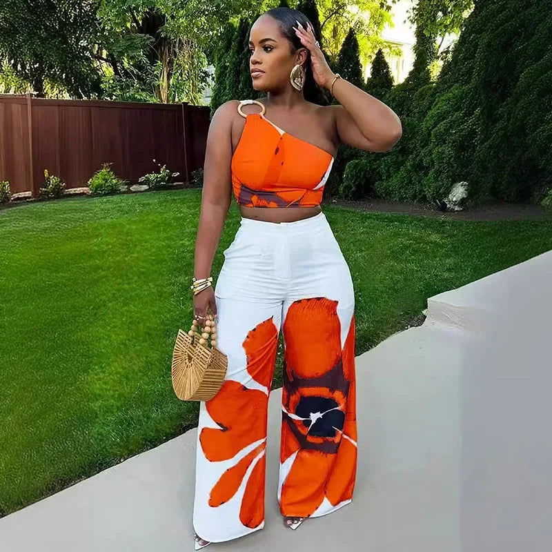 Chic Flower Print Two Piece Set for Women One Shoulder Crop Top and Loose Wide Leg Pants Vacation Outfit, perfect for summer.