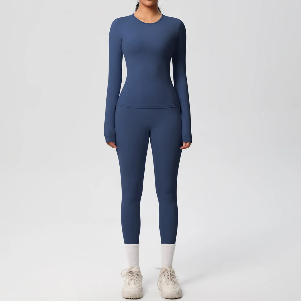 2 PCS Women’s Sportswear Yoga Set Long Sleeve Crop Top and High Waist Gym Leggings Fitness Tracksuit for Workout and Training