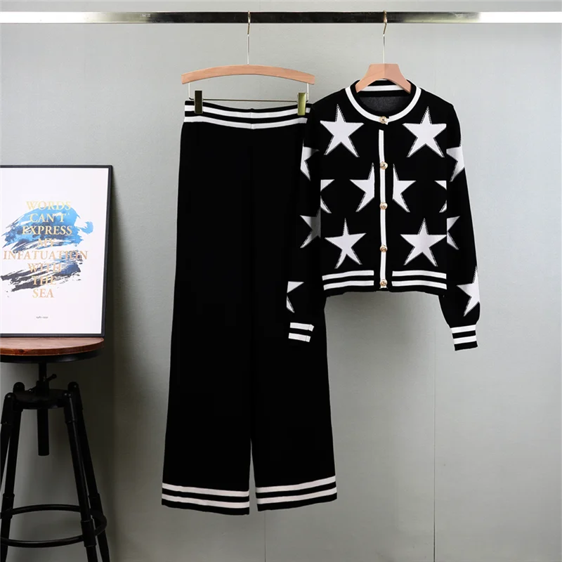 Korean Autumn Knitwear Two Piece Set with O Neck Long Sleeve Top and Wide Leg Pants Casual Elegant Outfit