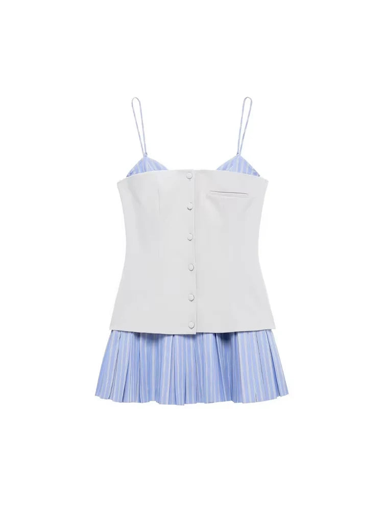 Patchwork Mini Dress With Adjustable Straps Front Buttons