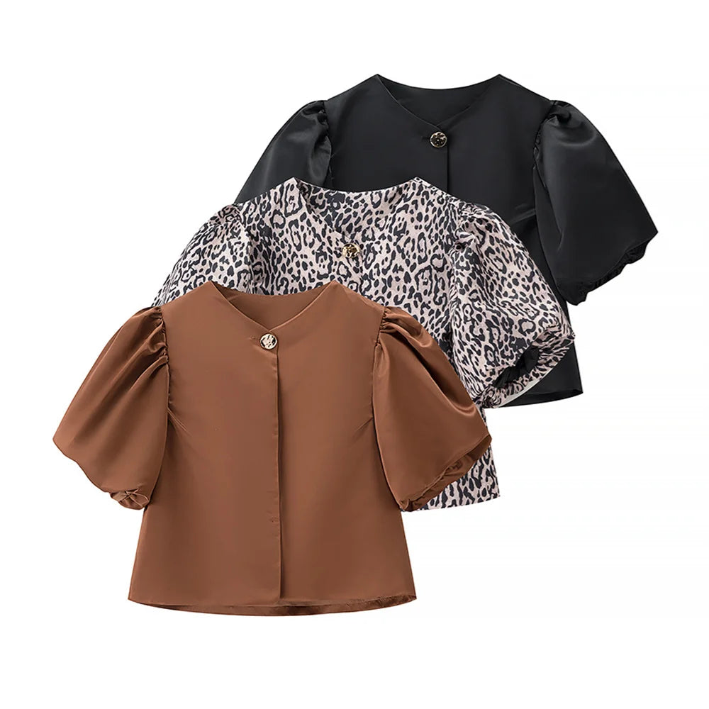 Stylish Women’s Casual Bubble Sleeve Shirt with Round Neck and Button Detail, perfect lightweight summer top by UNIZERA.