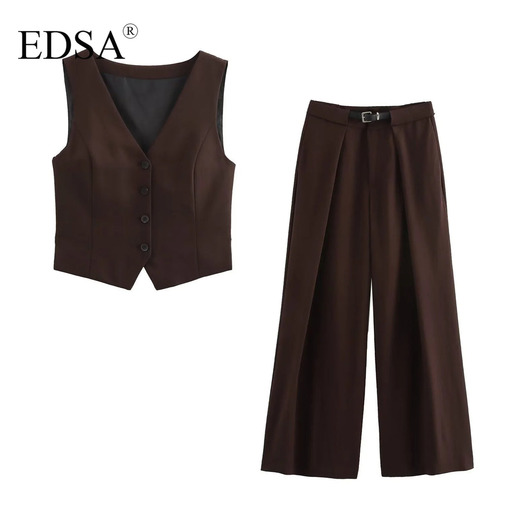 Chic Women’s 2 Piece Sleeveless V Neck Waistcoat Vest and High Waist Wide Leg Trousers Set by EDSA, perfect for any occasion.