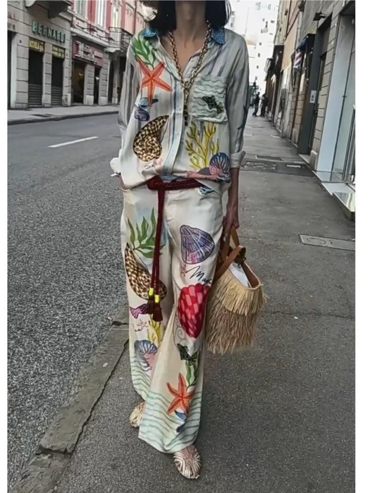 Bohemia Satin Print Loose Two Piece Set for Women Casual Long Sleeve Shirt and Wide Leg Pants Beach Summer Outfit