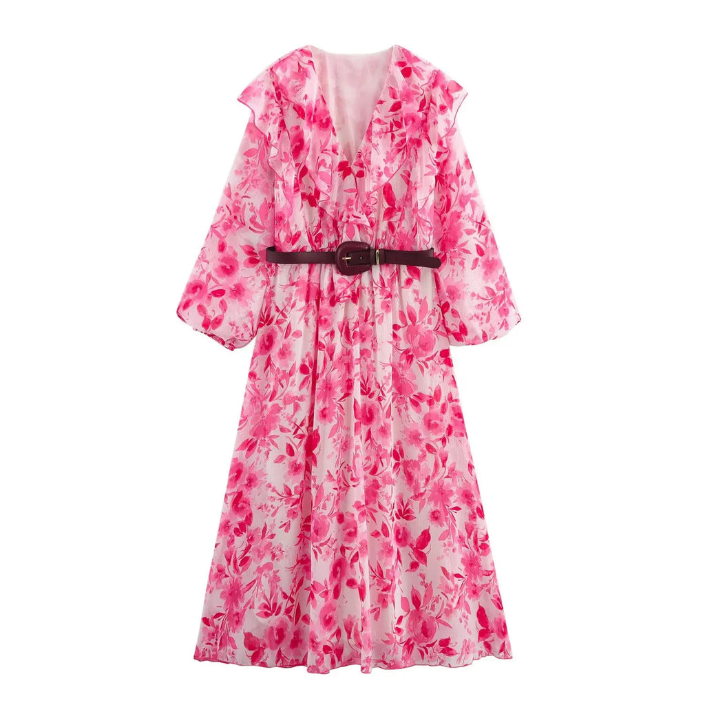 Casual V Neck Printed Belted Long Sleeve Dress For Women