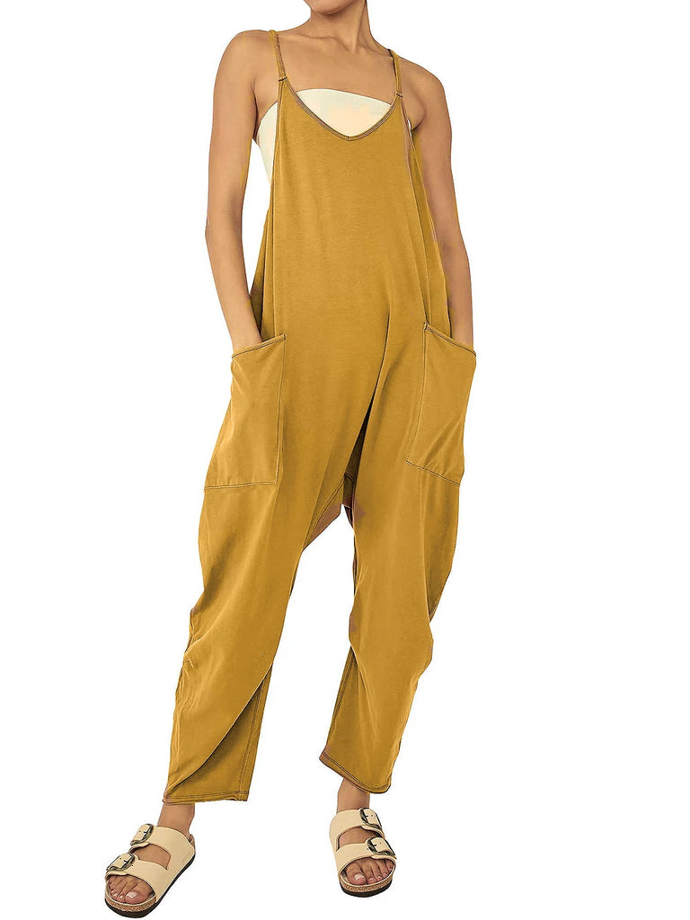 Loose Fit Women’s Pure Color Patch Pocket Zipper Suspender Jumpsuit Casual Chic Overall, perfect for stylish comfort.