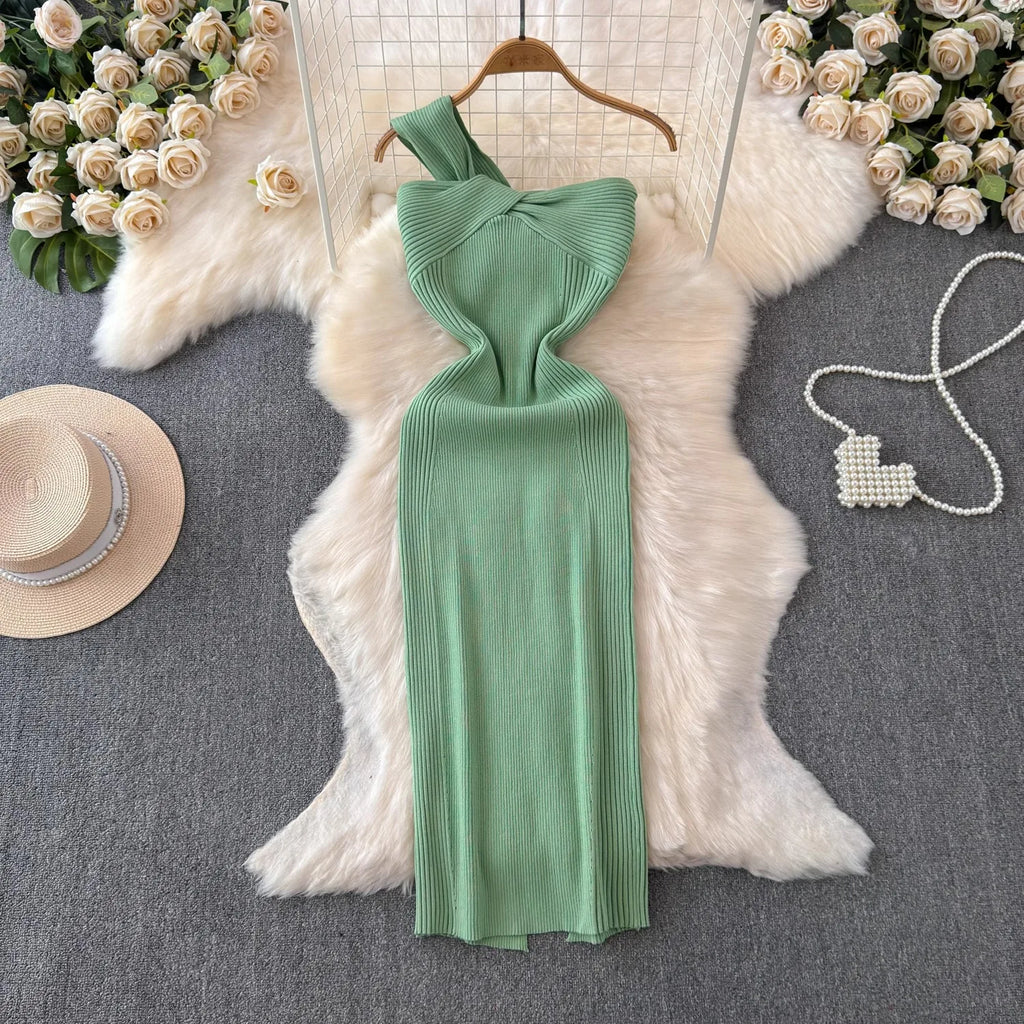 One Shoulder Bodycon Dress For Women Knitted Black Sundress
