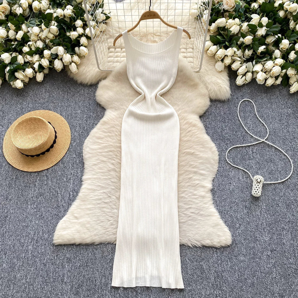 Knit Maxi Dress Women Sleeveless O Neck Bodycon Solid